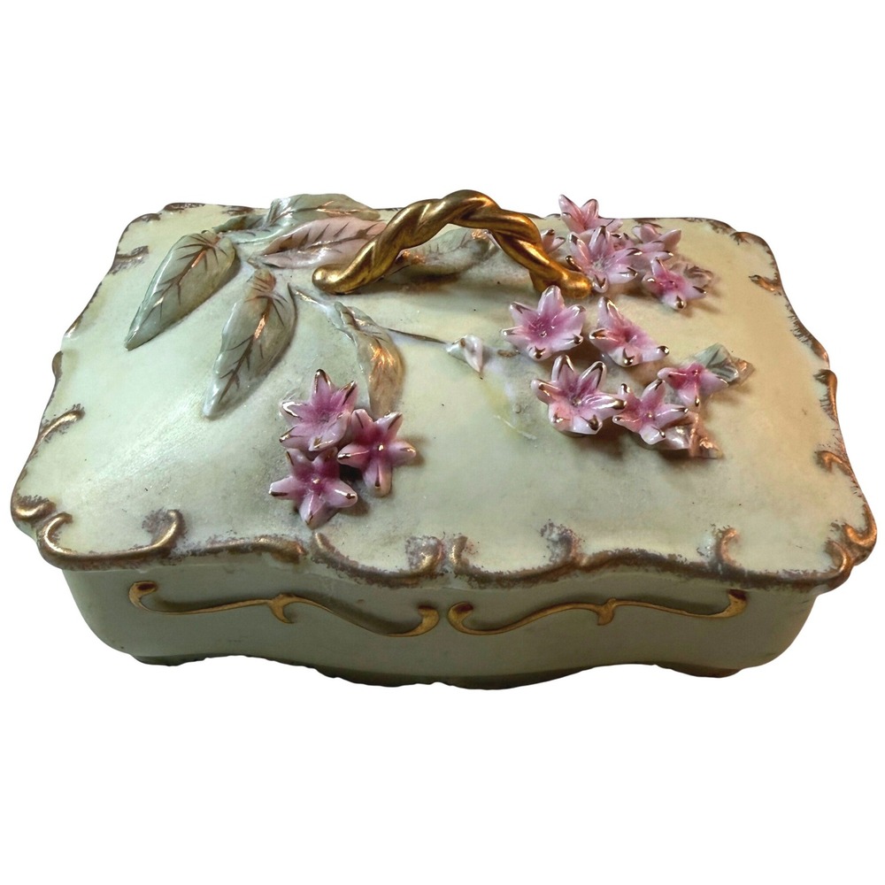 Vintage Porcelain Trinket Box 3D Floral Gold Trim Cream Pink Cottagecore Decor